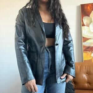 Vintage 100% Leather Black Metallic Blazer 90s 1990s Double Breasted